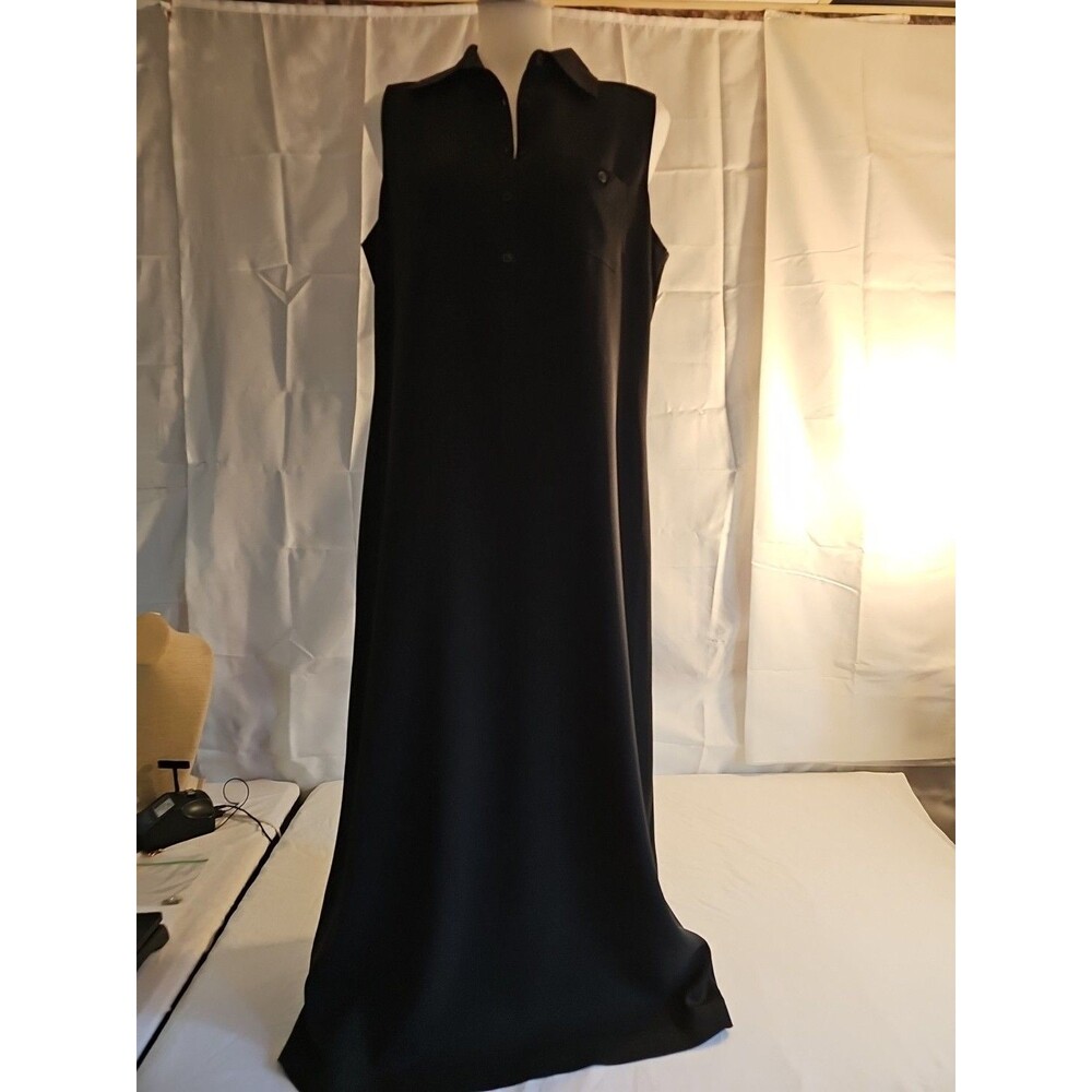 Eddie Bauer Women's Sleeveless Dress Black Size 12 Button Front Pockets Long
